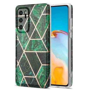 For Huawei P40 Electroplating Stitching Marbled IMD Stripe Straight Edge Rubik Cube Phone Protective Case(Emerald Green)