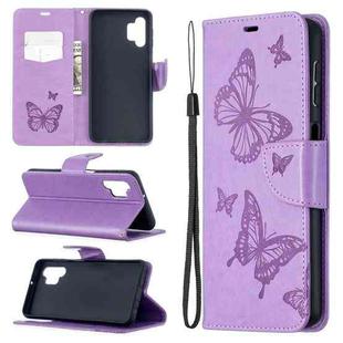 For Samsung Galaxy A32 5G Embossing Two Butterflies Pattern Horizontal Flip PU Leather Case with Holder & Card Slot & Wallet & Lanyard(Purple)