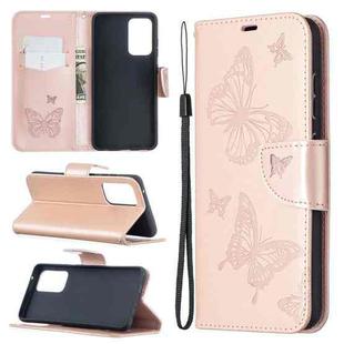 For Samsung Galaxy A52 5G / 4G Embossing Two Butterflies Pattern Horizontal Flip PU Leather Case with Holder & Card Slot & Wallet & Lanyard(Rose Gold)