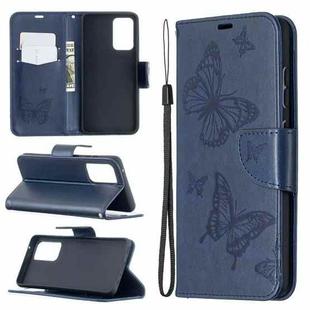 For Samsung Galaxy A52 5G / 4G Embossing Two Butterflies Pattern Horizontal Flip PU Leather Case with Holder & Card Slot & Wallet & Lanyard(Blue)