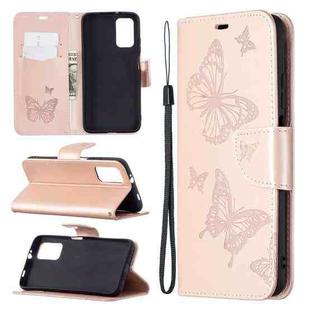 For Xiaomi Poco M3 Embossing Two Butterflies Pattern Horizontal Flip PU Leather Case with Holder & Card Slot & Wallet & Lanyard(Rose Gold)
