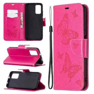 For Xiaomi Poco M3 Embossing Two Butterflies Pattern Horizontal Flip PU Leather Case with Holder & Card Slot & Wallet & Lanyard(Rose Red)