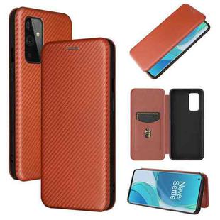 For OnePlus 9 Carbon Fiber Texture Horizontal Flip TPU + PC + PU Leather Case with Card Slot(Brown)