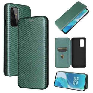 For OnePlus 9 Carbon Fiber Texture Horizontal Flip TPU + PC + PU Leather Case with Card Slot(Green)