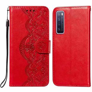 For Huawei nova 7 5G Flower Vine Embossing Pattern Horizontal Flip Leather Case with Card Slot & Holder & Wallet & Lanyard(Red)