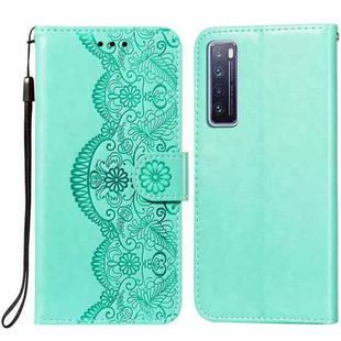 For Huawei nova 7 5G Flower Vine Embossing Pattern Horizontal Flip Leather Case with Card Slot & Holder & Wallet & Lanyard(Green)