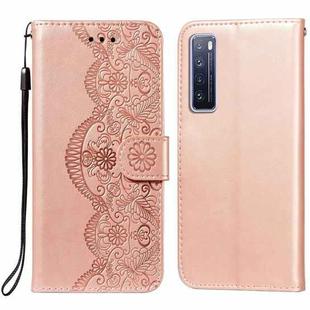 For Huawei nova 7 5G Flower Vine Embossing Pattern Horizontal Flip Leather Case with Card Slot & Holder & Wallet & Lanyard(Rose Gold)
