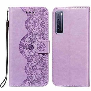 For Huawei nova 7 5G Flower Vine Embossing Pattern Horizontal Flip Leather Case with Card Slot & Holder & Wallet & Lanyard(Purple)