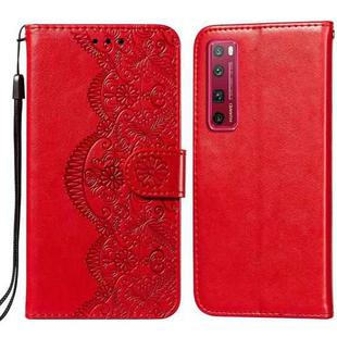 For Huawei nova 7 Pro 5G Flower Vine Embossing Pattern Horizontal Flip Leather Case with Card Slot & Holder & Wallet & Lanyard(Red)