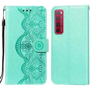 For Huawei nova 7 Pro 5G Flower Vine Embossing Pattern Horizontal Flip Leather Case with Card Slot & Holder & Wallet & Lanyard(Green)