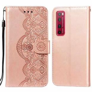 For Huawei nova 7 Pro 5G Flower Vine Embossing Pattern Horizontal Flip Leather Case with Card Slot & Holder & Wallet & Lanyard(Rose Gold)