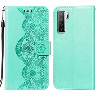 For Huawei nova 7 SE Flower Vine Embossing Pattern Horizontal Flip Leather Case with Card Slot & Holder & Wallet & Lanyard(Green)