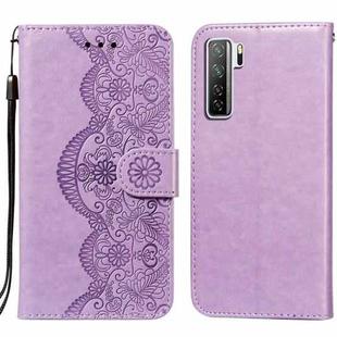 For Huawei nova 7 SE Flower Vine Embossing Pattern Horizontal Flip Leather Case with Card Slot & Holder & Wallet & Lanyard(Purple)