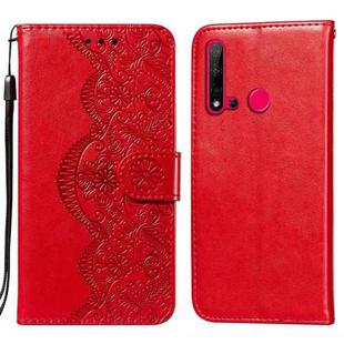 For Huawei P20 Lite (2019) Flower Vine Embossing Pattern Horizontal Flip Leather Case with Card Slot & Holder & Wallet & Lanyard(Red)