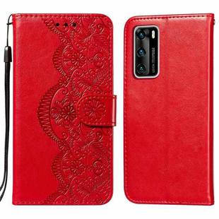 For Huawei P40 Flower Vine Embossing Pattern Horizontal Flip Leather Case with Card Slot & Holder & Wallet & Lanyard(Red)