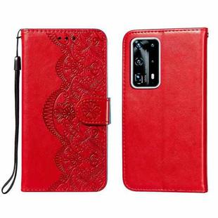 For Huawei P40 Pro+ Flower Vine Embossing Pattern Horizontal Flip Leather Case with Card Slot & Holder & Wallet & Lanyard(Red)