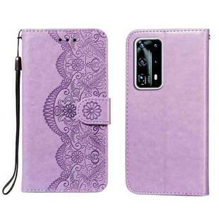 For Huawei P40 Pro+ Flower Vine Embossing Pattern Horizontal Flip Leather Case with Card Slot & Holder & Wallet & Lanyard(Purple)