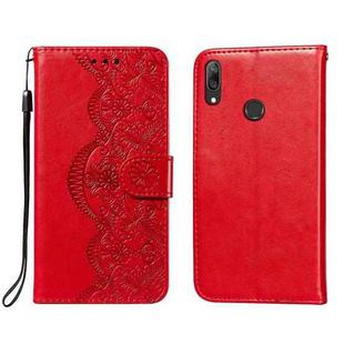 For Huawei Y7 (2019) Flower Vine Embossing Pattern Horizontal Flip Leather Case with Card Slot & Holder & Wallet & Lanyard(Red)