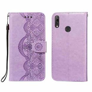 For Huawei Y7 (2019) Flower Vine Embossing Pattern Horizontal Flip Leather Case with Card Slot & Holder & Wallet & Lanyard(Purple)