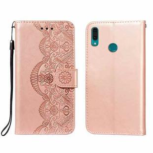 For Huawei Y9 (2019) Flower Vine Embossing Pattern Horizontal Flip Leather Case with Card Slot & Holder & Wallet & Lanyard(Rose Gold)