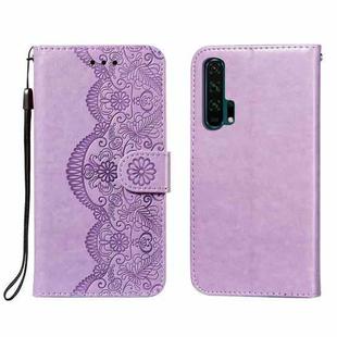 For Huawei Honor 20 Pro Flower Vine Embossing Pattern Horizontal Flip Leather Case with Card Slot & Holder & Wallet & Lanyard(Purple)