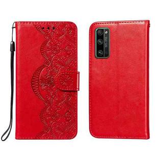 For Huawei Honor 30 Pro Flower Vine Embossing Pattern Horizontal Flip Leather Case with Card Slot & Holder & Wallet & Lanyard(Red)