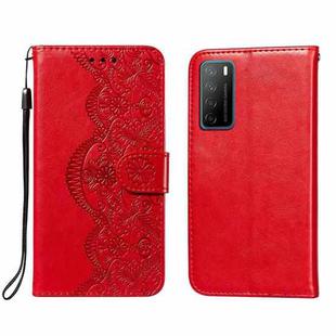 For Huawei Honor Play4 Flower Vine Embossing Pattern Horizontal Flip Leather Case with Card Slot & Holder & Wallet & Lanyard(Red)