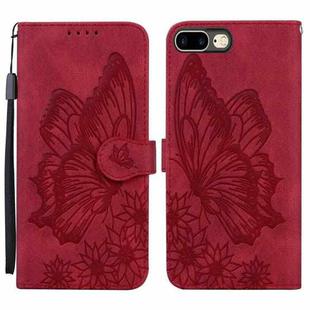 Retro Skin Feel Butterflies Embossing Horizontal Flip Leather Case with Holder & Card Slots & Wallet For iPhone 8 Plus / 7Plus(Red)