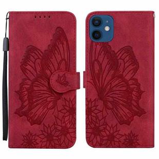 For iPhone 12 / 12 Pro Retro Skin Feel Butterflies Embossing Horizontal Flip Leather Case with Holder & Card Slots & Wallet(Red)