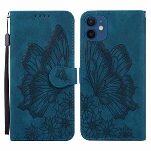 For iPhone 12 / 12 Pro Retro Skin Feel Butterflies Embossing Horizontal Flip Leather Case with Holder & Card Slots & Wallet(Blue)