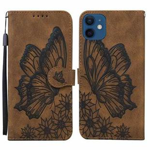 For iPhone 12 / 12 Pro Retro Skin Feel Butterflies Embossing Horizontal Flip Leather Case with Holder & Card Slots & Wallet(Brown)