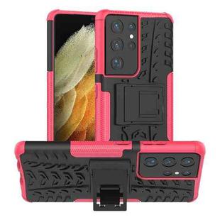 For Samsung Galaxy S21 Ultra 5G Tire Texture Shockproof TPU+PC Protective Case with Holder(Pink)