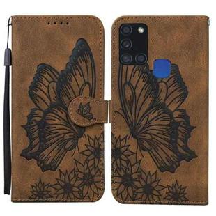 For Samsung Galaxy A21s Retro Skin Feel Butterflies Embossing Horizontal Flip Leather Case with Holder & Card Slots & Wallet(Brown)