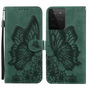 For Samsung Galaxy S21 Ultra  5G Retro Skin Feel Butterflies Embossing Horizontal Flip Leather Case with Holder & Card Slots & Wallet(Green)