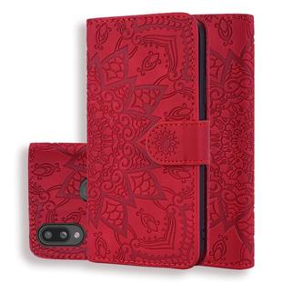 For Galaxy A10s Calf Pattern Mandala Double Folding Design Embossed Leather Case with Wallet & Holder & Card Slots(Red)