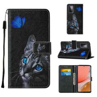 For Samsung Galaxy A72 5G / 4G Cross Texture Painting Pattern Horizontal Flip Leather Case with Holder & Card Slots & Wallet & Lanyard(Blue Butterfly Cat Eyes)