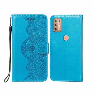 For Motorola Moto G9 Plus Flower Vine Embossing Pattern Horizontal Flip Leather Case with Card Slot & Holder & Wallet & Lanyard(Blue)