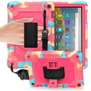 For Amazon Kindle Fire HD 8 2020 360 Degree Rotation Turntable Contrast Color Robot Shockproof Silicone + PC Protective Case with Holder(Colorful + Rose Red)