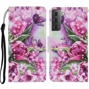 For Samsung Galaxy S21 5G Coloured Drawing Pattern Horizontal Flip PU Leather Case with Holder & Card Slots & Wallet & Lanyard(Rose Butterfly)