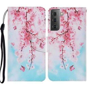 For Samsung Galaxy S21 5G Coloured Drawing Pattern Horizontal Flip PU Leather Case with Holder & Card Slots & Wallet & Lanyard(Cherry Blossoms)