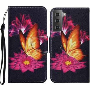 For Samsung Galaxy S21 5G Coloured Drawing Pattern Horizontal Flip PU Leather Case with Holder & Card Slots & Wallet & Lanyard(Big Golden Butterfly)