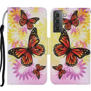 For Samsung Galaxy S21 5G Coloured Drawing Pattern Horizontal Flip PU Leather Case with Holder & Card Slots & Wallet & Lanyard(Chrysanthemum Butterfly)