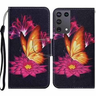 For Samsung Galaxy S21 Ultra 5G Coloured Drawing Pattern Horizontal Flip PU Leather Case with Holder & Card Slots & Wallet & Lanyard(Big Golden Butterfly)
