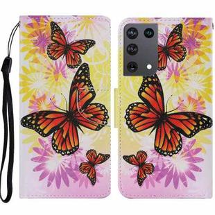 For Samsung Galaxy S21 Ultra 5G Coloured Drawing Pattern Horizontal Flip PU Leather Case with Holder & Card Slots & Wallet & Lanyard(Chrysanthemum Butterfly)