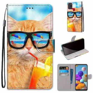 For Samsung Galaxy A21s Coloured Drawing Cross Texture Horizontal Flip PU Leather Case with Holder & Card Slots & Wallet & Lanyard(Cat Drinking Soda)