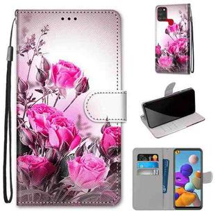 For Samsung Galaxy A21s Coloured Drawing Cross Texture Horizontal Flip PU Leather Case with Holder & Card Slots & Wallet & Lanyard(Wild Rose)