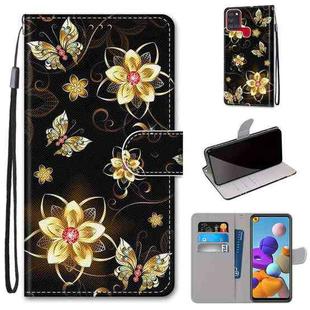 For Samsung Galaxy A21s Coloured Drawing Cross Texture Horizontal Flip PU Leather Case with Holder & Card Slots & Wallet & Lanyard(Gold Diamond Butterfly)