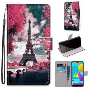 For Samsung Galaxy M01 Coloured Drawing Cross Texture Horizontal Flip PU Leather Case with Holder & Card Slots & Wallet & Lanyard(Pink Flower Tower Bridge)