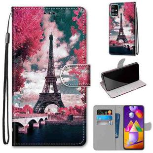 For Samsung Galaxy M31s Coloured Drawing Cross Texture Horizontal Flip PU Leather Case with Holder & Card Slots & Wallet & Lanyard(Pink Flower Tower Bridge)