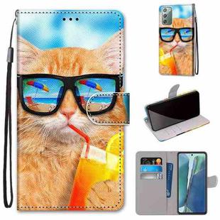 For Samsung Galaxy Note 20 Coloured Drawing Cross Texture Horizontal Flip PU Leather Case with Holder & Card Slots & Wallet & Lanyard(Cat Drinking Soda)